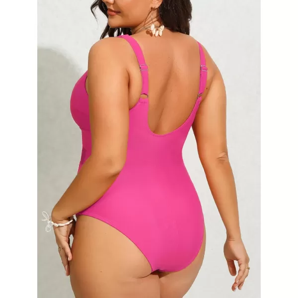 imageCUPSHE Women Plus Size One Piece Swimsuit V Neck Mesh Sheer Tummy Control Bathing Suit with Adjustable Wide StrapsMagenta