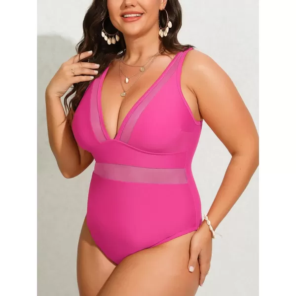 imageCUPSHE Women Plus Size One Piece Swimsuit V Neck Mesh Sheer Tummy Control Bathing Suit with Adjustable Wide StrapsMagenta