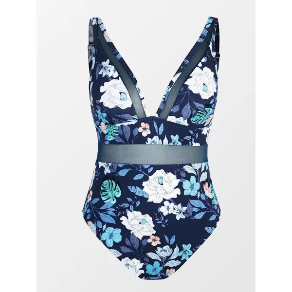 imageCUPSHE Women Plus Size One Piece Swimsuit V Neck Mesh Sheer Tummy Control Bathing Suit with Adjustable Wide StrapsNavy Floral