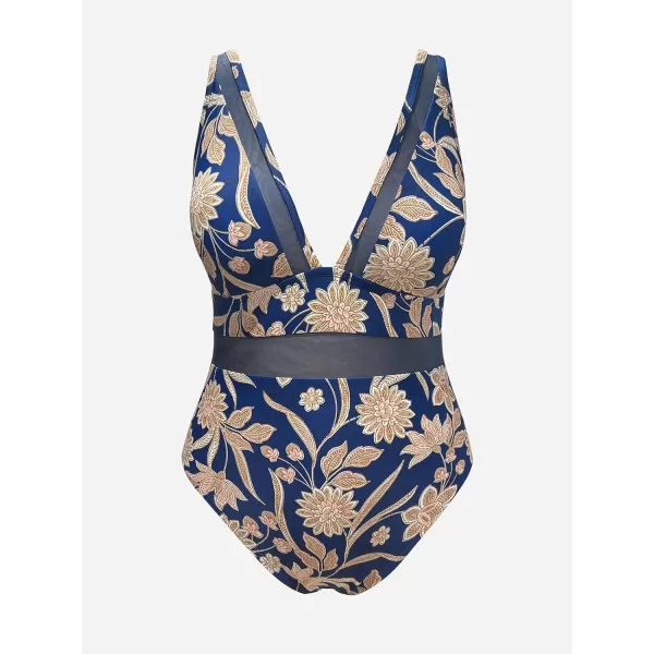 imageCUPSHE Women Plus Size One Piece Swimsuit V Neck Mesh Sheer Tummy Control Bathing Suit with Adjustable Wide StrapsNavy Paisley