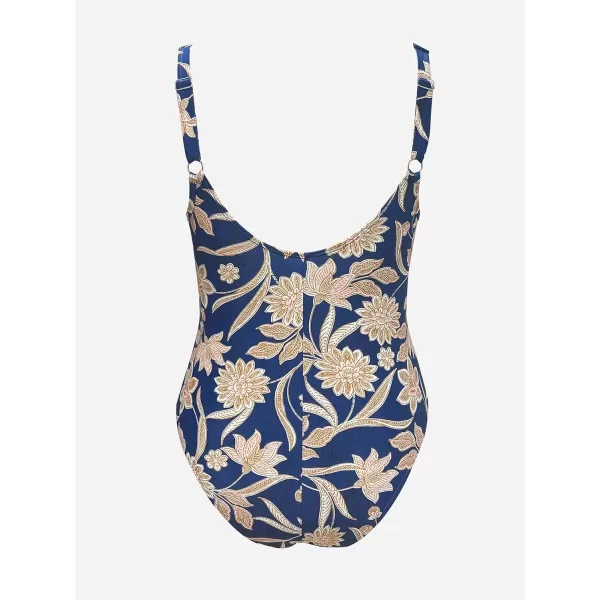 imageCUPSHE Women Plus Size One Piece Swimsuit V Neck Mesh Sheer Tummy Control Bathing Suit with Adjustable Wide StrapsNavy Paisley