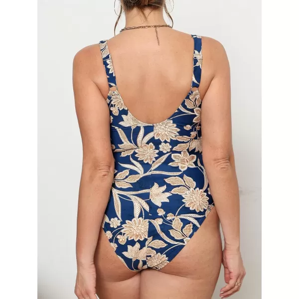 imageCUPSHE Women Plus Size One Piece Swimsuit V Neck Mesh Sheer Tummy Control Bathing Suit with Adjustable Wide StrapsNavy Paisley