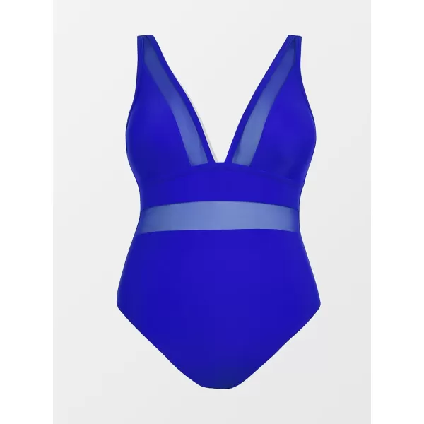 imageCUPSHE Women Plus Size One Piece Swimsuit V Neck Mesh Sheer Tummy Control Bathing Suit with Adjustable Wide StrapsRoyal Blue