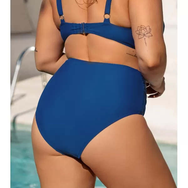 imageCUPSHE Women Plus Size Swimsuit High Waisted Bikini Bottom Ruched Tummy Control Full Coverage Bathing SuitBlue