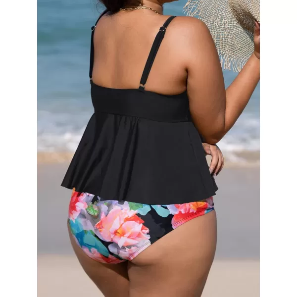 imageCUPSHE Women Plus Size Swimsuit High Waisted Bikini Set Ruffle Hem with Adjustable StrapsBlack and Floral