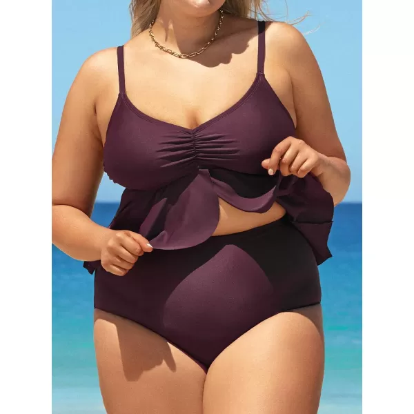 imageCUPSHE Women Plus Size Swimsuit High Waisted Bikini Set Ruffle Hem with Adjustable StrapsWine Red