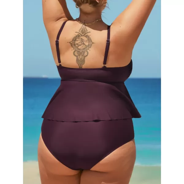 imageCUPSHE Women Plus Size Swimsuit High Waisted Bikini Set Ruffle Hem with Adjustable StrapsWine Red