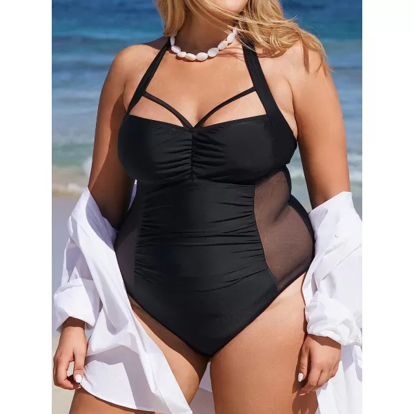 imageCUPSHE Women Plus Size Swimsuit One Piece Bathing Suit Cutout Mesh Side Halter Back Tie SwimwearBlack
