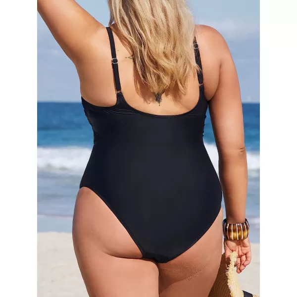 imageCUPSHE Women Plus Size Swimsuit One Piece Bathing Suit Mesh Scoop Neck Adjustable Straps Retro SwimwearBlack