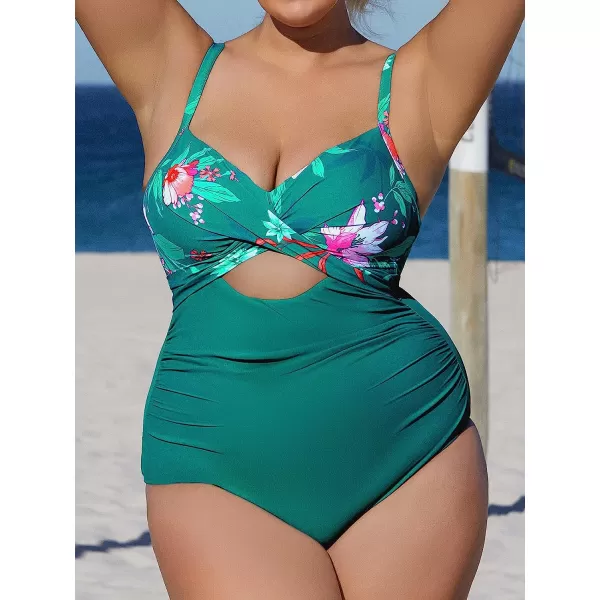 imageCUPSHE Women Plus Size Swimsuit One Piece Bathing Suit Ruched Tummy Control Wrapped Cutout Back Tie Floral PrintDeep Green and Floral
