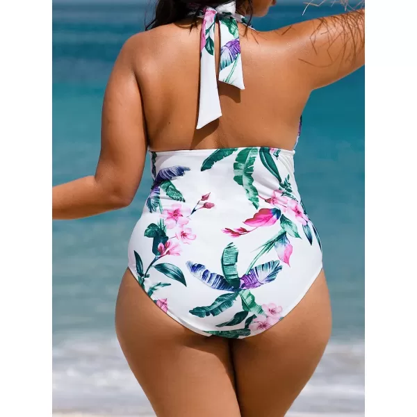 imageCUPSHE Women Plus Size Swimsuit One Piece Bathing Suit V Neck Halter Ruched Tropical BacklessWhiteFloral