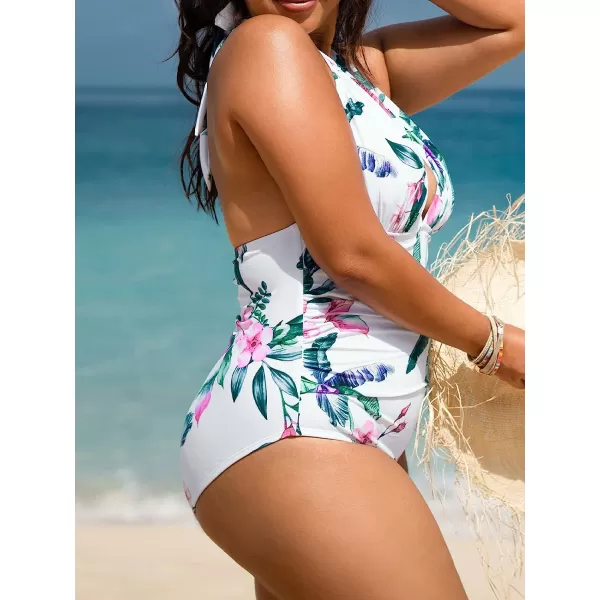 imageCUPSHE Women Plus Size Swimsuit One Piece Bathing Suit V Neck Halter Ruched Tropical BacklessWhiteFloral