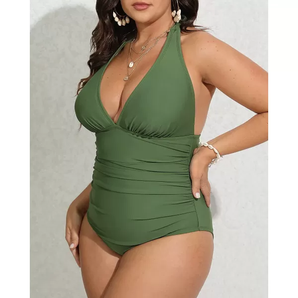 imageCUPSHE Women Plus Size Swimsuit One Piece Bathing Suit V Neck Halter Ruched Tummy Control Tropical BacklessArmy Green
