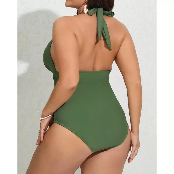 imageCUPSHE Women Plus Size Swimsuit One Piece Bathing Suit V Neck Halter Ruched Tummy Control Tropical BacklessArmy Green