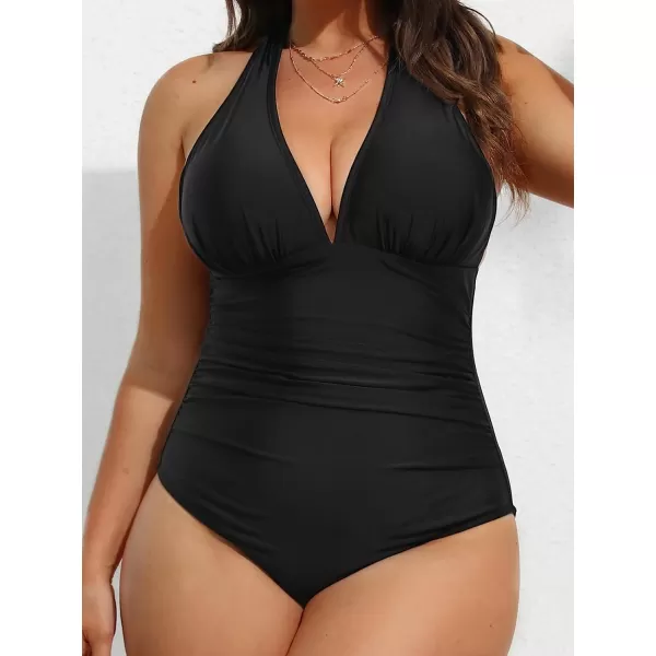 imageCUPSHE Women Plus Size Swimsuit One Piece Bathing Suit V Neck Halter Ruched Tummy Control Tropical BacklessBlack
