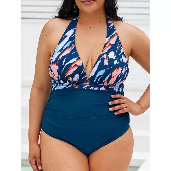 imageCUPSHE Women Plus Size Swimsuit One Piece Bathing Suit V Neck Halter Ruched Tummy Control Tropical BacklessNavy BlueGraffiti