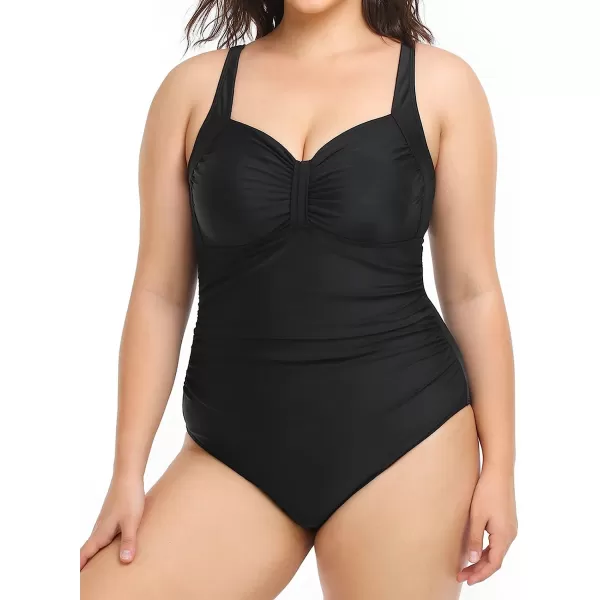 imageCUPSHE Women Plus Size Swimsuit One Piece Bathing Suit V Neck Ruched Tummy Control SwimwearBlack