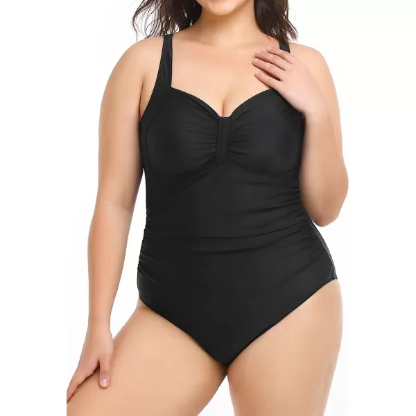 imageCUPSHE Women Plus Size Swimsuit One Piece Bathing Suit V Neck Ruched Tummy Control SwimwearBlack