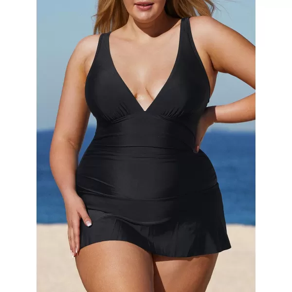 imageCUPSHE Women Plus Size Swimsuit One Piece Bathing Suits Ruched Tummy Control Skirted Swim Dress with BottomBlack