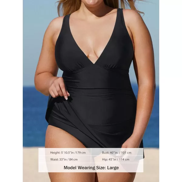 imageCUPSHE Women Plus Size Swimsuit One Piece Bathing Suits Ruched Tummy Control Skirted Swim Dress with BottomBlack