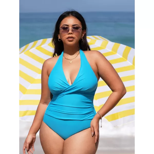 imageCUPSHE Women Plus Size Swimsuit One Piece Swimsuits Tummy Control Ruching Deep V Neck Halter Low Back Bathing SuitsDeep Sky Blue
