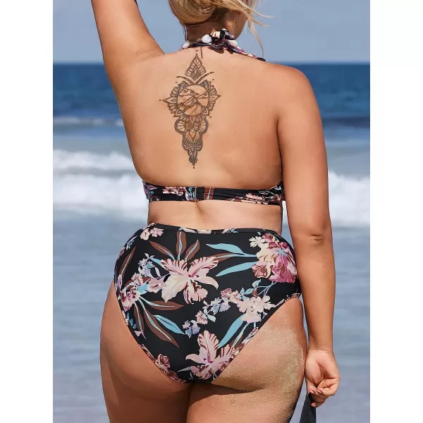 imageCUPSHE Women Plus Size Swimsuit Two Piece Bathing Suit High Waisted Floral Halter Bikinis with Back HookBlack Tropical Print