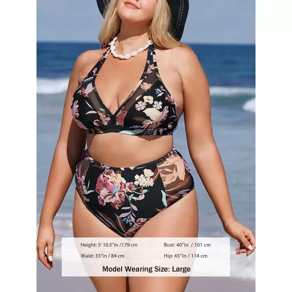 imageCUPSHE Women Plus Size Swimsuit Two Piece Bathing Suit High Waisted Floral Halter Bikinis with Back HookBlack Tropical Print