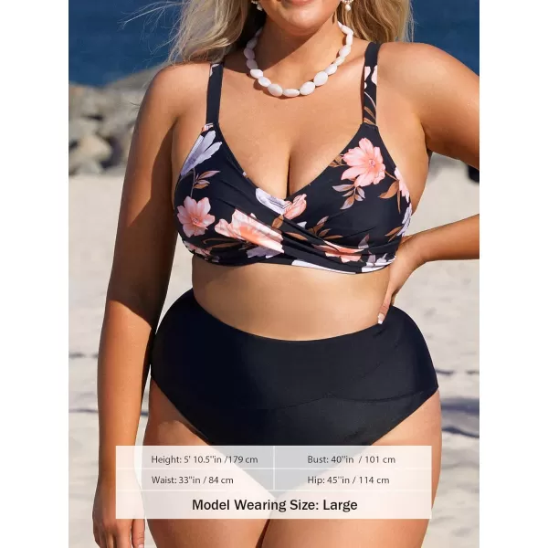 imageCUPSHE Women Plus Size Swimsuit Two Piece Bathing Suit High Waisted Floral V Neck Bikinis with Back HookBlack and Floral