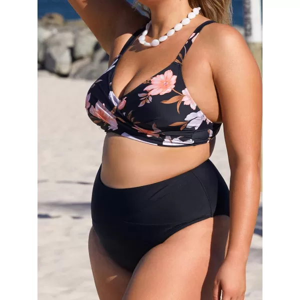 imageCUPSHE Women Plus Size Swimsuit Two Piece Bathing Suit High Waisted Floral V Neck Bikinis with Back HookBlack and Floral