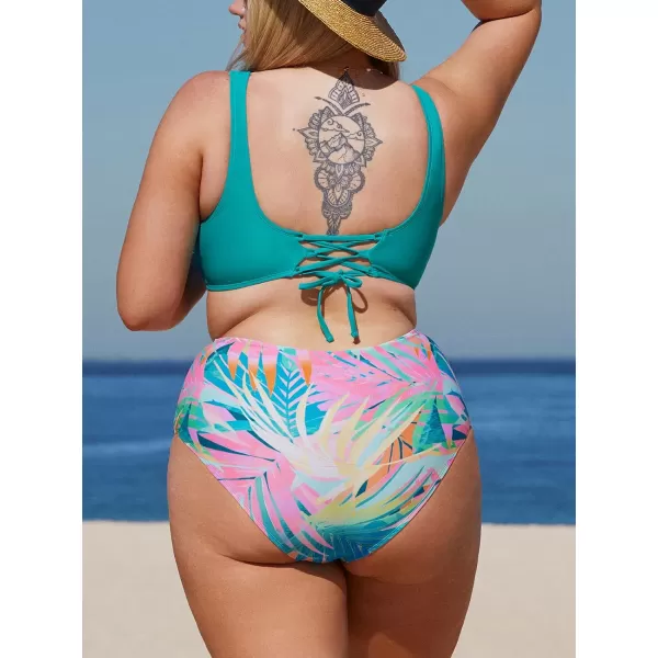 imageCUPSHE Women Plus Size Swimsuit Two Piece Bathing Suit V Neck Laceup High Waisted BikiniTeal and Floral