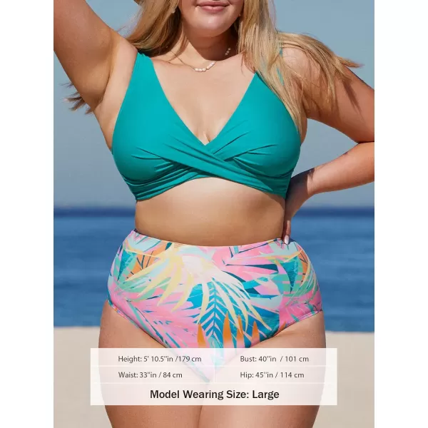 imageCUPSHE Women Plus Size Swimsuit Two Piece Bathing Suit V Neck Laceup High Waisted BikiniTeal and Floral