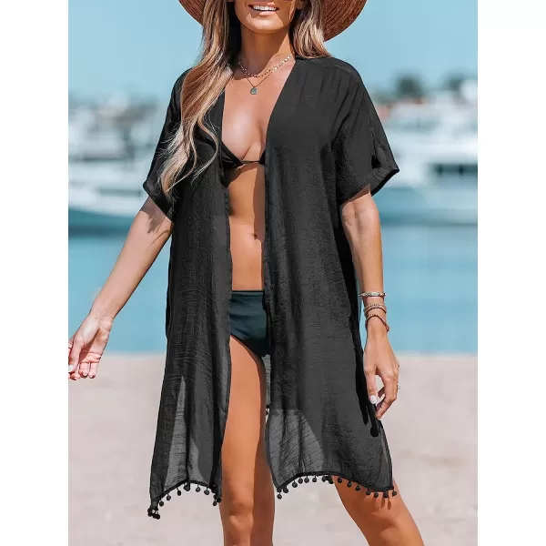 imageCUPSHE Women Pom Pom CoverUp Kimono Open Front Cover Up Dress Casual Summer Dropped Short Sleeves Cover Up BlackCUPSHE Women Pom Pom CoverUp Kimono Open Front Cover Up Dress Casual Summer Dropped Short Sleeves Cover Up Black