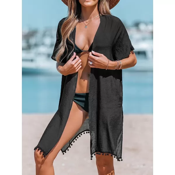 imageCUPSHE Women Pom Pom CoverUp Kimono Open Front Cover Up Dress Casual Summer Dropped Short Sleeves Cover Up BlackCUPSHE Women Pom Pom CoverUp Kimono Open Front Cover Up Dress Casual Summer Dropped Short Sleeves Cover Up Black