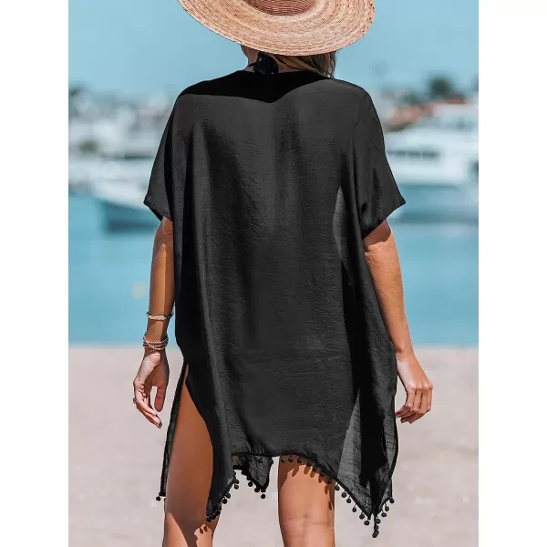 imageCUPSHE Women Pom Pom CoverUp Kimono Open Front Cover Up Dress Casual Summer Dropped Short Sleeves Cover Up BlackCUPSHE Women Pom Pom CoverUp Kimono Open Front Cover Up Dress Casual Summer Dropped Short Sleeves Cover Up Black