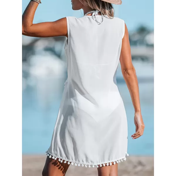 imageCUPSHE Women Pom Pom Wrap CoverUp Dress Casual Summer Surplice Neckline Sleeveless Mini Cover UpWhite