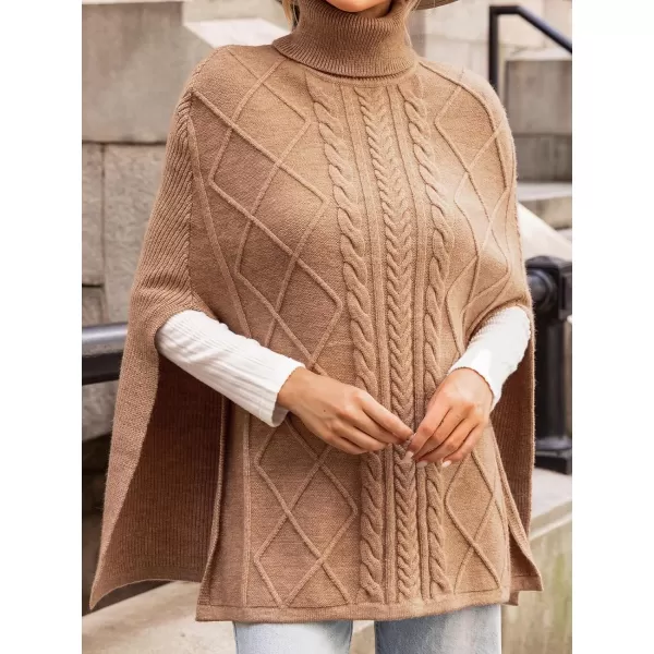imageCUPSHE Women Poncho Cable Knit Turtleneck Ribbed Trim Half Sleeves SweaterKhaki