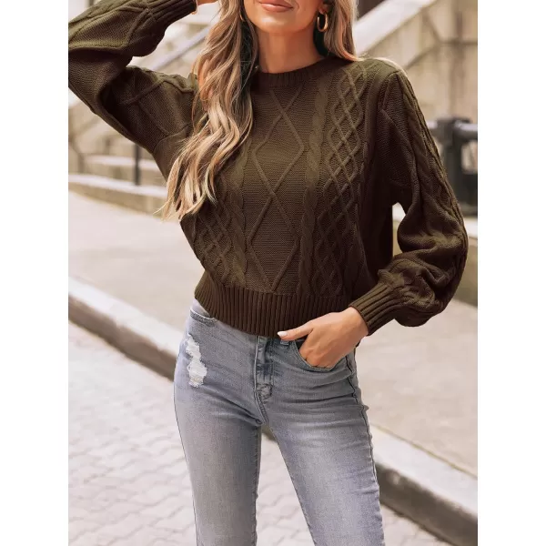 imageCUPSHE Women Pullover Sweater Cable Knit Round Neck Long Bishop Sleeve Ribbed Jumper TopsDark Brown