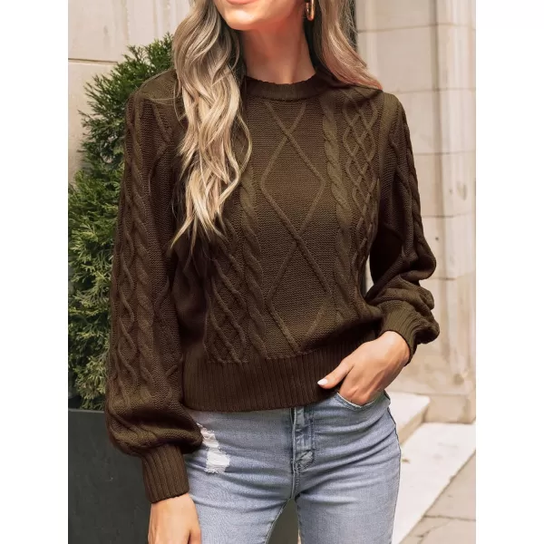 imageCUPSHE Women Pullover Sweater Cable Knit Round Neck Long Bishop Sleeve Ribbed Jumper TopsDark Brown