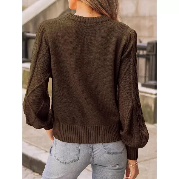imageCUPSHE Women Pullover Sweater Cable Knit Round Neck Long Bishop Sleeve Ribbed Jumper TopsDark Brown