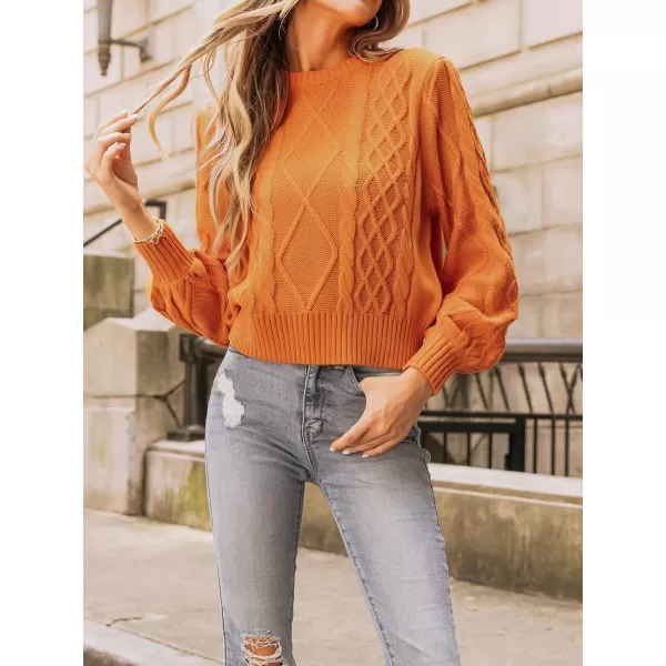 imageCUPSHE Women Pullover Sweater Cable Knit Round Neck Long Bishop Sleeve Ribbed Jumper TopsOrange