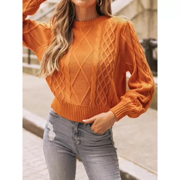 imageCUPSHE Women Pullover Sweater Cable Knit Round Neck Long Bishop Sleeve Ribbed Jumper TopsOrange
