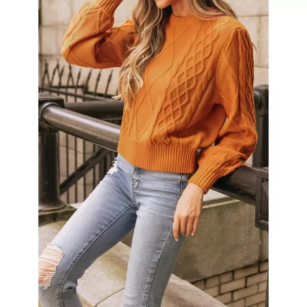 imageCUPSHE Women Pullover Sweater Cable Knit Round Neck Long Bishop Sleeve Ribbed Jumper TopsOrange