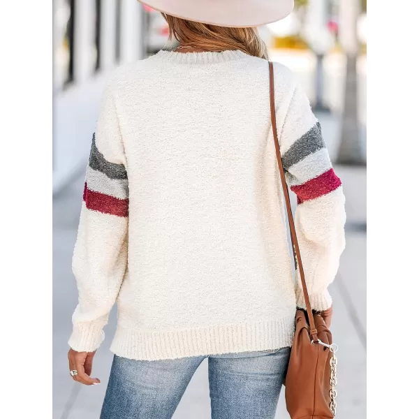 imageCUPSHE Women Pullover Sweater Crew Neck Ribbed Long Sleeves Chevron Striped Fuzzy Jumper TopsWhite