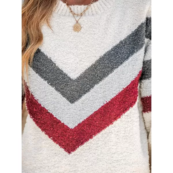 imageCUPSHE Women Pullover Sweater Crew Neck Ribbed Long Sleeves Chevron Striped Fuzzy Jumper TopsWhite