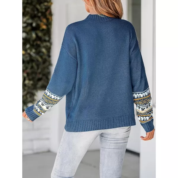 imageCUPSHE Women Pullover Sweater Mock Neck Fair Isle Trim Ribbed Long Sleeves Jumper TopsBlue