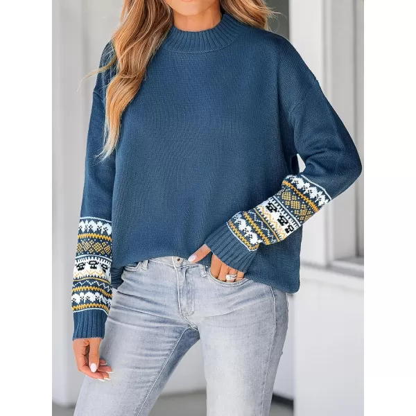 imageCUPSHE Women Pullover Sweater Mock Neck Fair Isle Trim Ribbed Long Sleeves Jumper TopsBlue