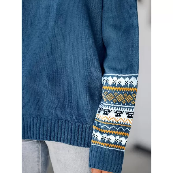 imageCUPSHE Women Pullover Sweater Mock Neck Fair Isle Trim Ribbed Long Sleeves Jumper TopsBlue
