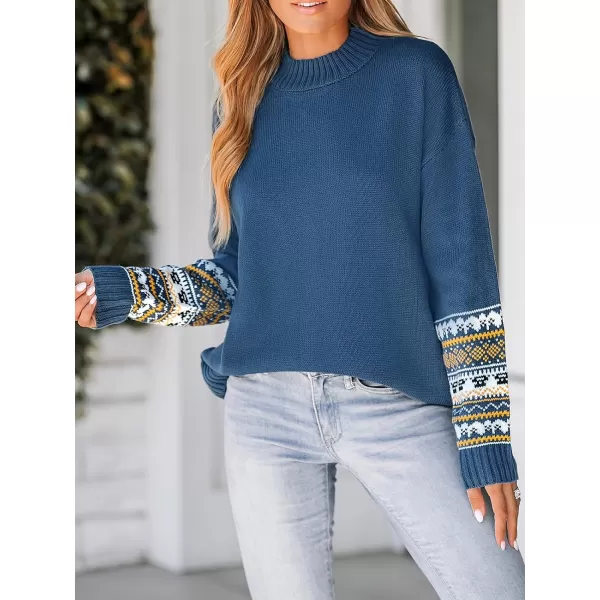 imageCUPSHE Women Pullover Sweater Mock Neck Fair Isle Trim Ribbed Long Sleeves Jumper TopsBlue