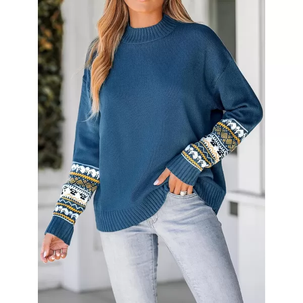 imageCUPSHE Women Pullover Sweater Mock Neck Fair Isle Trim Ribbed Long Sleeves Jumper TopsBlue