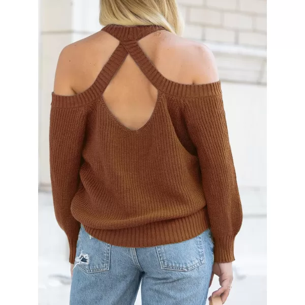 imageCUPSHE Women Pullover Sweater Open Shoulder Choker Sexy Back Long Sleeves Loose Chunky Knit TopsBrown
